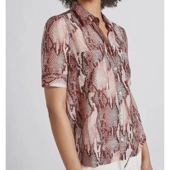 CURRENT/ELLIOTT Womens Short Sleeve Shirt 1 / S Pink Snake Reptile Bermuda Silk - Picture 2 of 14
